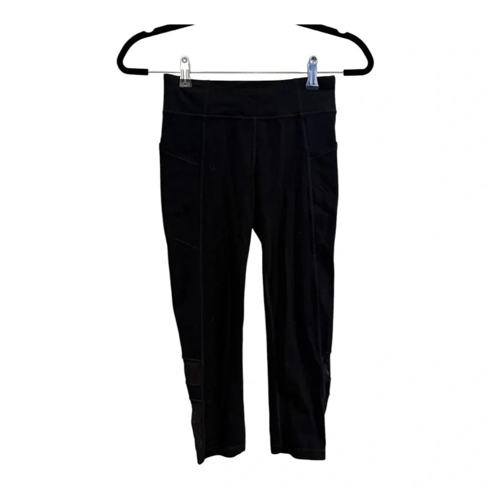 Athleta Girl Black Mesh Cut Out Cropped Leggings Size XL/14